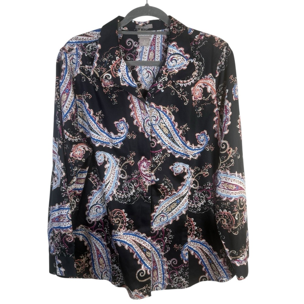 Chico's No-Iron Black Paisley Button Down Long Sleeve Shirt Cotton Size 16 18